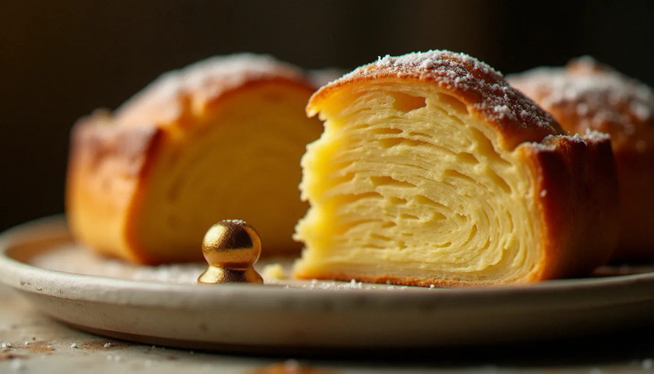 Vue latérale en gros plan d'une tranche de galette des rois révélant les couches de feuilletage et la frangipane, avec la fève posée sur l'assiette en céramique artisanale à côté