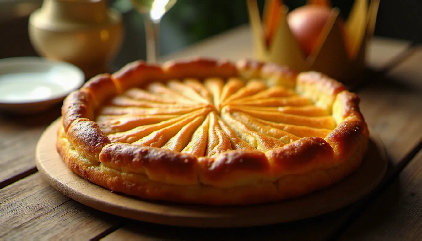 Image recette galette des rois posée sur une table en chêne rustique, éclairée par la lumière naturelle de côté révélant les motifs dorés du feuilletage, avec une couronne en papier floutée en arrière-plan