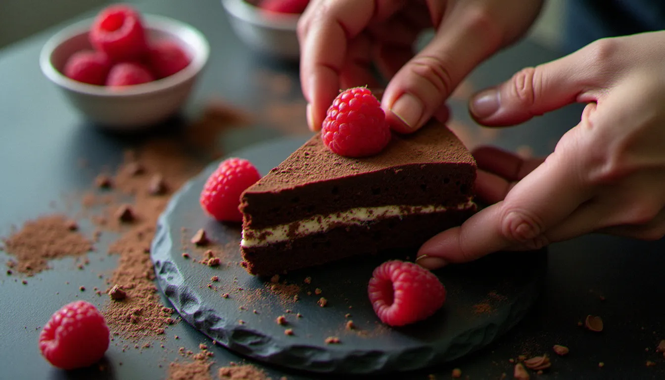 Vue aérienne d'un photographe plaçant une framboise sur une tranche de gateau au chocolat lors d'une séance flat lay, avec mise en scène d'accessoires culinaires sur ardoise noire