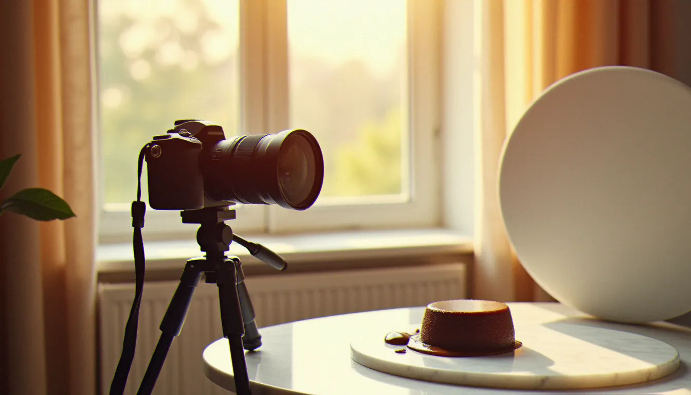 Appareil photo hybride sur trépied photographiant un moelleux au chocolat fondant sur marbre blanc, avec lumière naturelle diffusée par un rideau voilage et réflecteur blanc, installation professionnelle de photographie culinaire à domicile