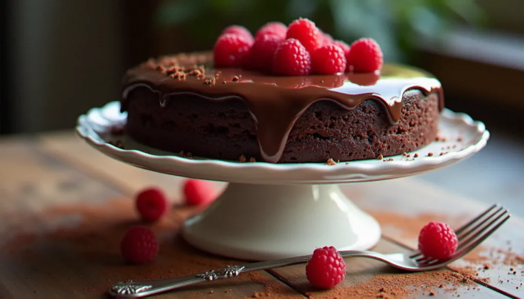 image recette gateau au chocolat featured Image recette gateau au chocolat à étages sur un présentoir blanc, avec framboises fraîches et cacao en poudre sur une table en bois, éclairage naturel latéral révélant le glaçage brillant
