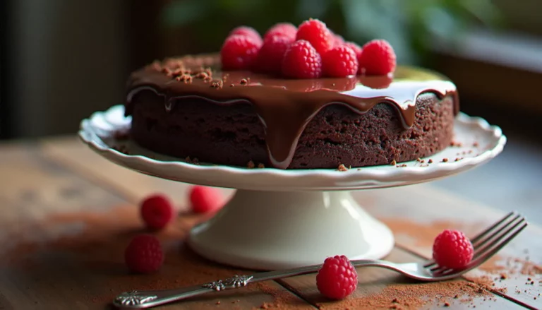 Image recette gateau au chocolat à étages sur un présentoir blanc, avec framboises fraîches et cacao en poudre sur une table en bois, éclairage naturel latéral révélant le glaçage brillant
