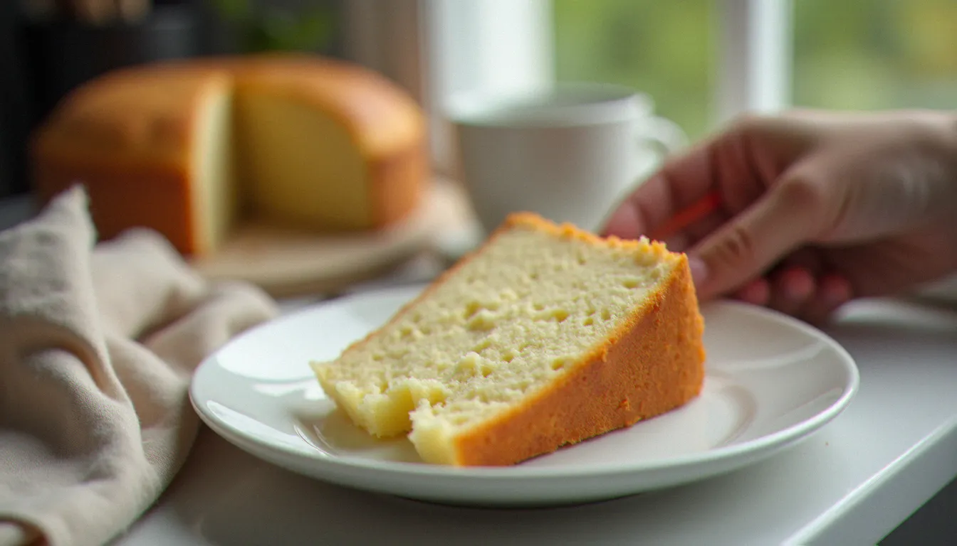 Tranche de gâteau au yaourt sur assiette blanche éclairée par la lumière douce d'une fenêtre, illustrant la texture de la mie pour une image recette gateau au yaourt authentique