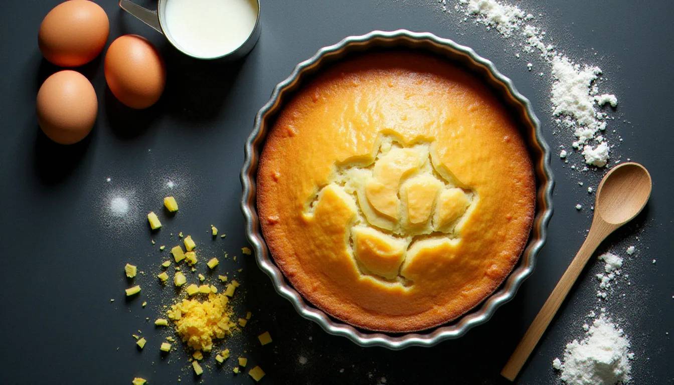 Vue de dessus des ingrédients d'un gâteau au yaourt disposés autour du moule, composition narrative pour une image recette gateau au yaourt en style documentaire