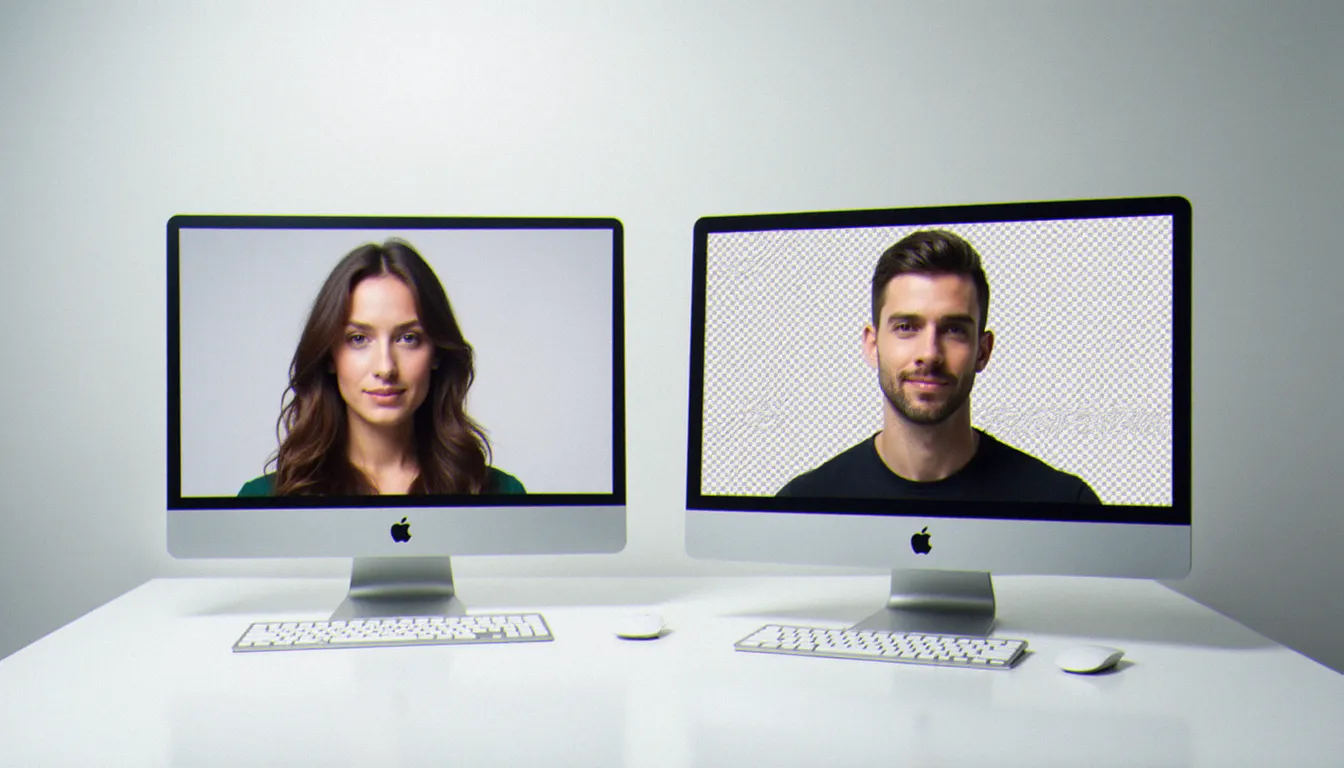 Comparaison en studio entre une image avec fond blanc et la même image sans arrière plan à fond transparent, affichées sur deux écrans côte à côte
