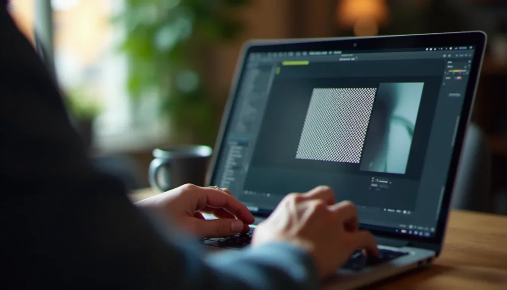 image sans arriere plan nom featured Photographe travaillant sur une image sans arrière plan affichée à l'écran, fond transparent en damier visible dans le logiciel de retouche