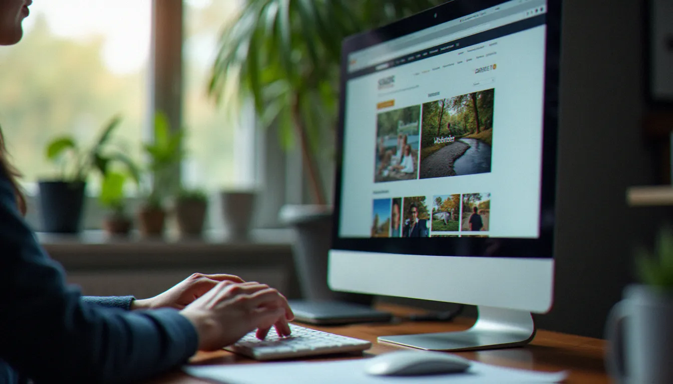 Interface d'une plateforme d'images sans droit d'auteur affichée sur écran avec une grille de photographies libres disponibles au téléchargement