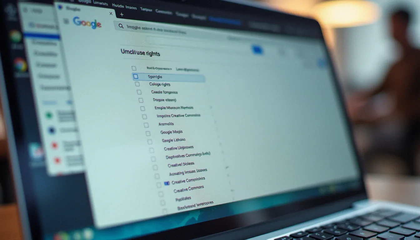 Écran d'ordinateur affichant les options de filtre de licences dans Google Images pour rechercher des images sans droit d'auteur