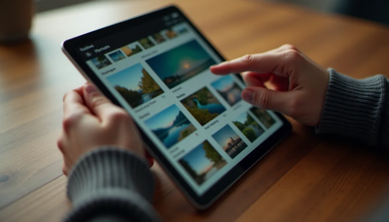Mains d'un photographe parcourant une bibliothèque d'images gratuites libres de droits sur une tablette
