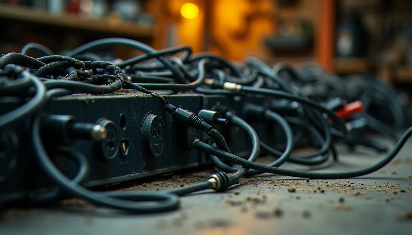 Multiprise surchargée avec rallonges en cascade dans un atelier, représentant un danger électrique courant documenté en photographie de prévention