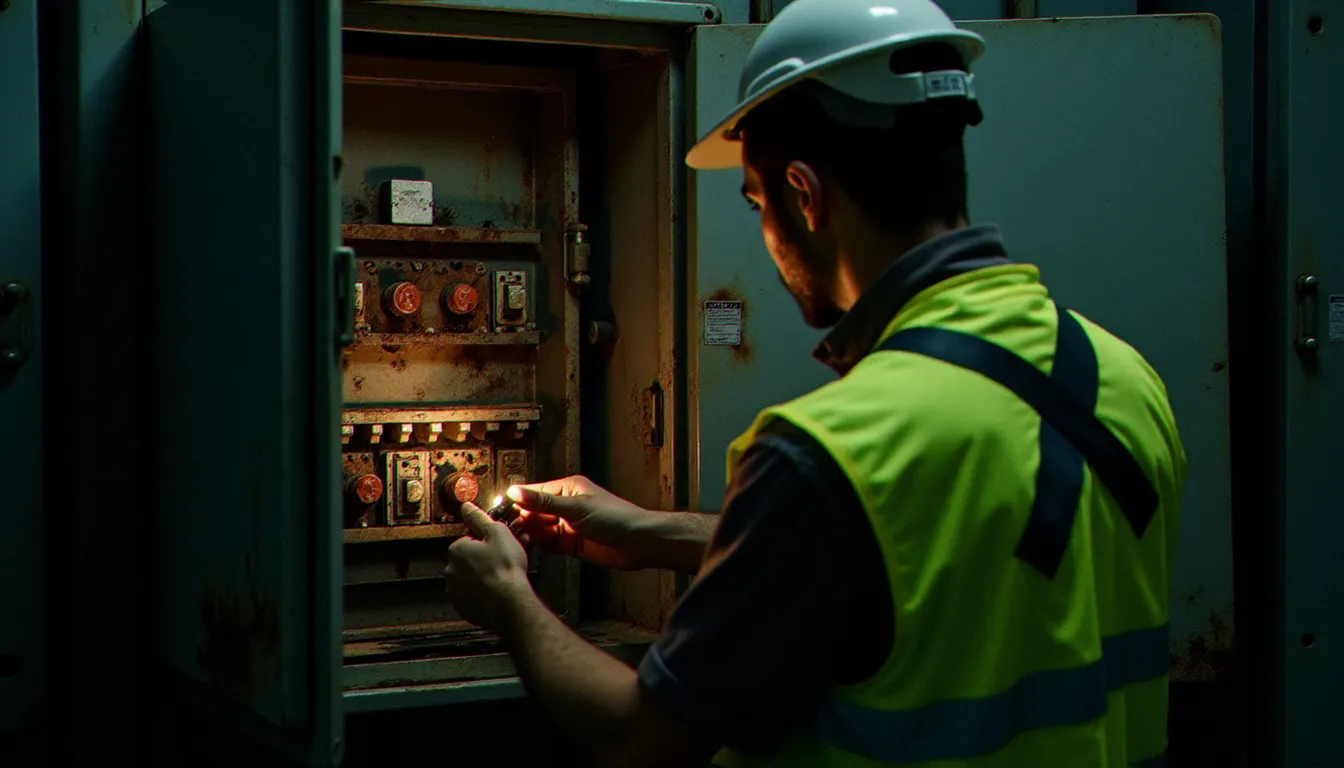 Électricien inspectant un tableau électrique vétuste et oxydé dans un cadre industriel, illustration du cadre réglementaire des interventions sur installations électriques