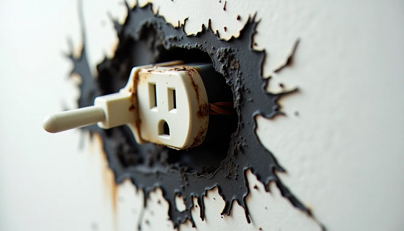 Prise électrique brûlée avec traces de calcination noires sur mur blanc, illustrant les images dangers de l'électricité dans un contexte domestique