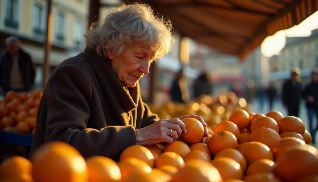 Femme âgée tenant une orange au marché sous la lumière rasante du matin, instant décisif où lorsqu'une photographie de rue fige une vérité sur la présence humaine parmi les choses