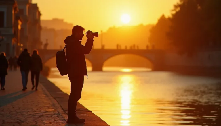 Photographe en contre-jour sur les quais de la Garonne à Toulouse à l'heure dorée, capturant le moment lorsqu'une photographie de rue prend vie dans la lumière du soir