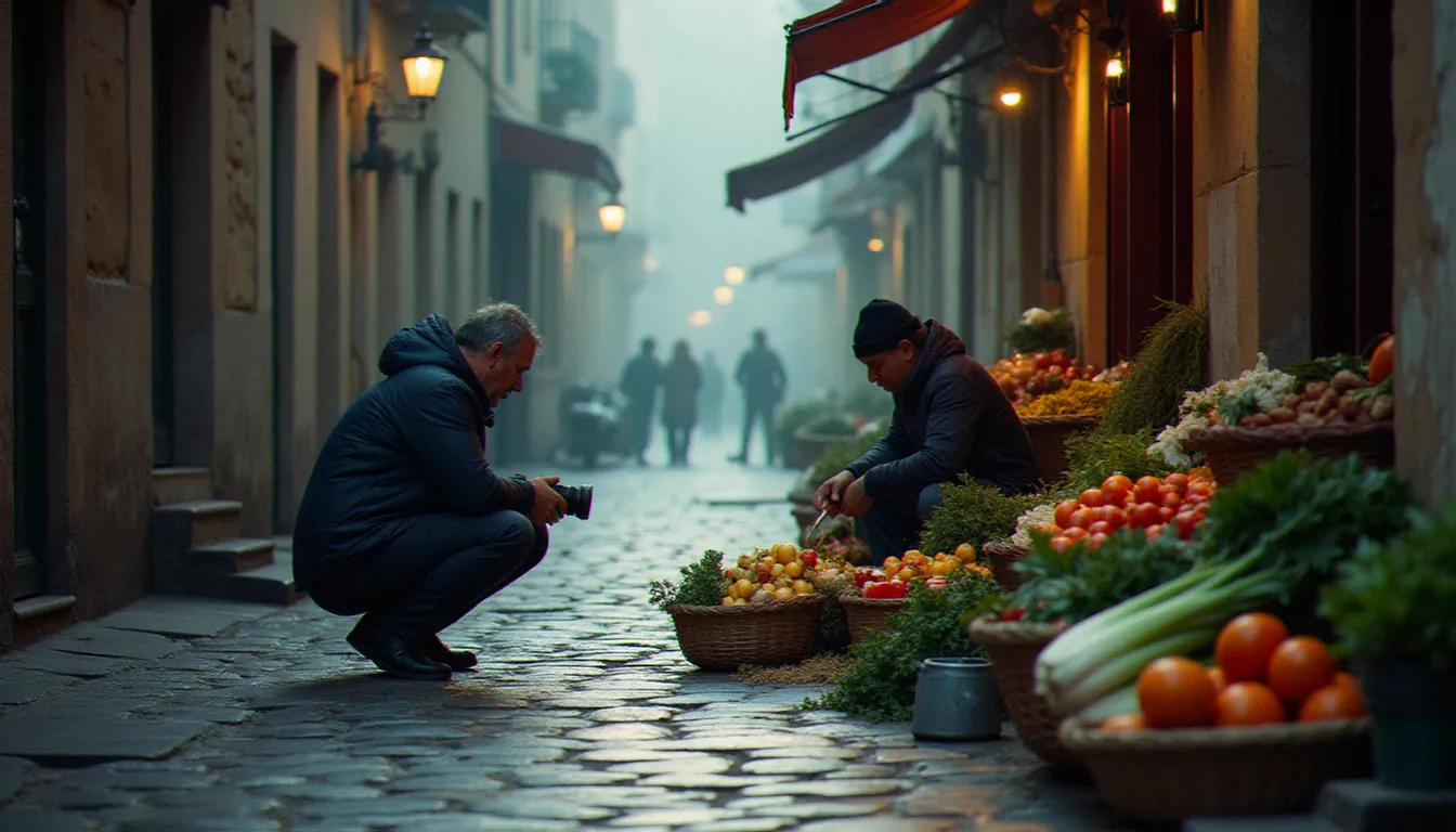 Photographe de rue en position basse dans une ruelle de ville française, capturant un marchand de marché au petit matin dans le cadre d'un reportage photo france carte