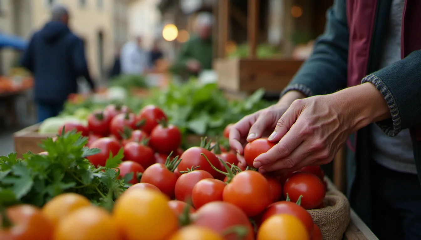 Mains d'une femme âgée choisissant des légumes sur un marché couvert en France, détail documentaire symbolisant la richesse humaine d'une photo france carte régionale
