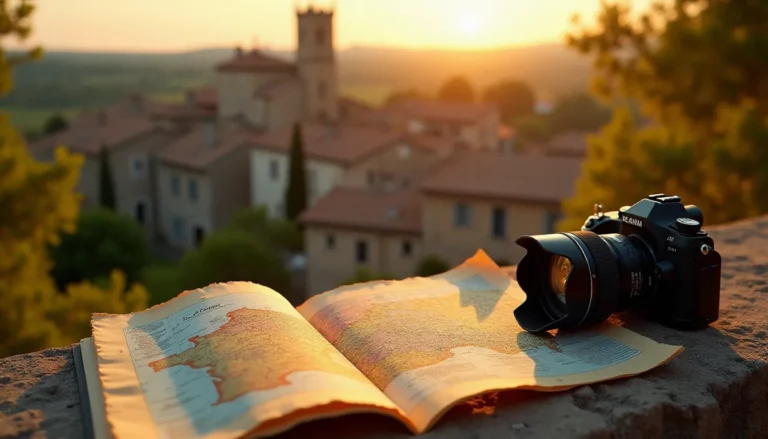 Carte de France ouverte posée sur un mur en pierre avec un appareil photo professionnel, au cœur d'un village occitan au coucher du soleil, illustrant un projet de photo france carte