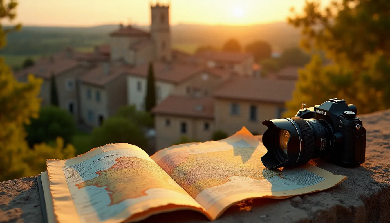 Carte de France ouverte posée sur un mur en pierre avec un appareil photo professionnel, au cœur d'un village occitan au coucher du soleil, illustrant un projet de photo france carte