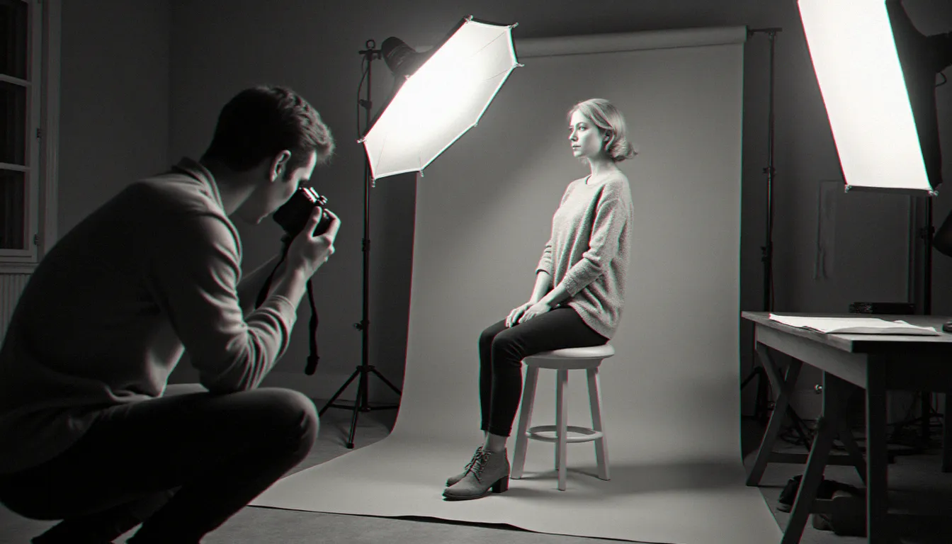 Séance photo en studio argentique dans les années 1960, lumière douce et photographe à hauteur du regard, illustrant les techniques des portraits iconiques de l'époque yé-yé