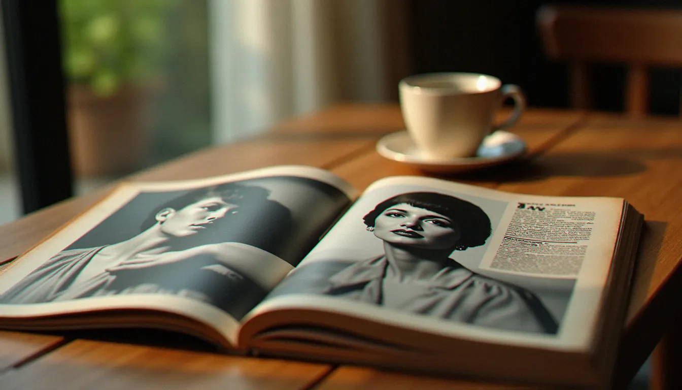 Ancien magazine de musique française des années 1960 ouvert sur une table, montrant des portraits en noir et blanc d'une icône pop, illustrant l'héritage visuel des photos de France Gall dans la presse musicale
