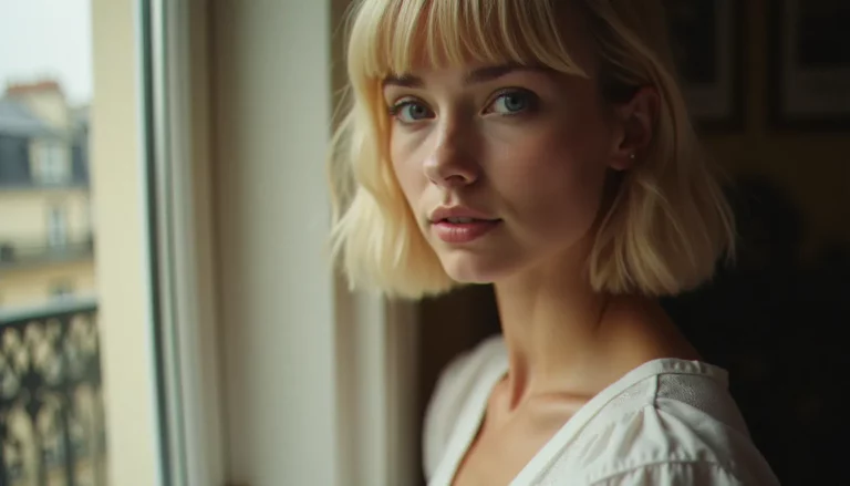 Portrait en lumière naturelle d'une jeune femme blonde des années 1960, regard direct vers l'objectif, évoquant l'iconographie photographique de France Gall