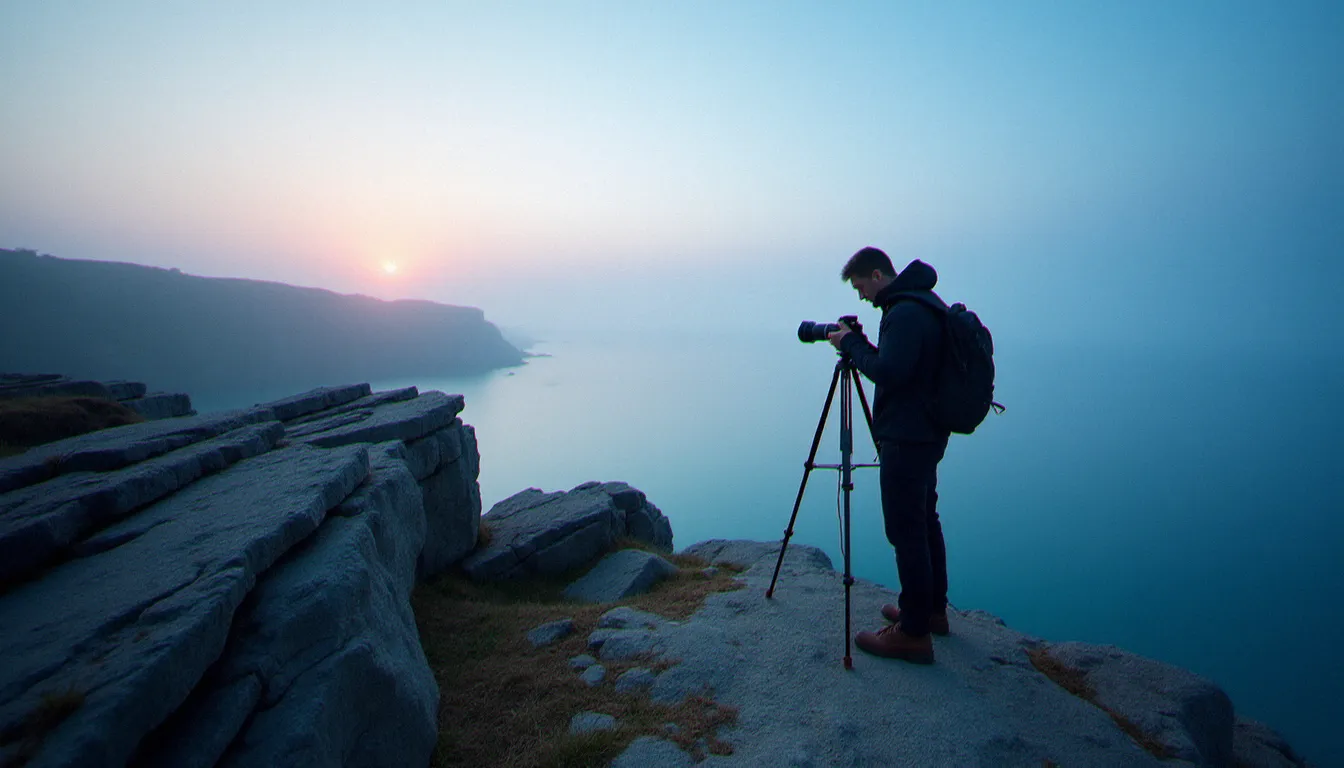 Photographe installant son trépied au lever du jour sur une falaise bretonne pour une photo paysage en heure bleue, mer d'Iroise en arrière-plan