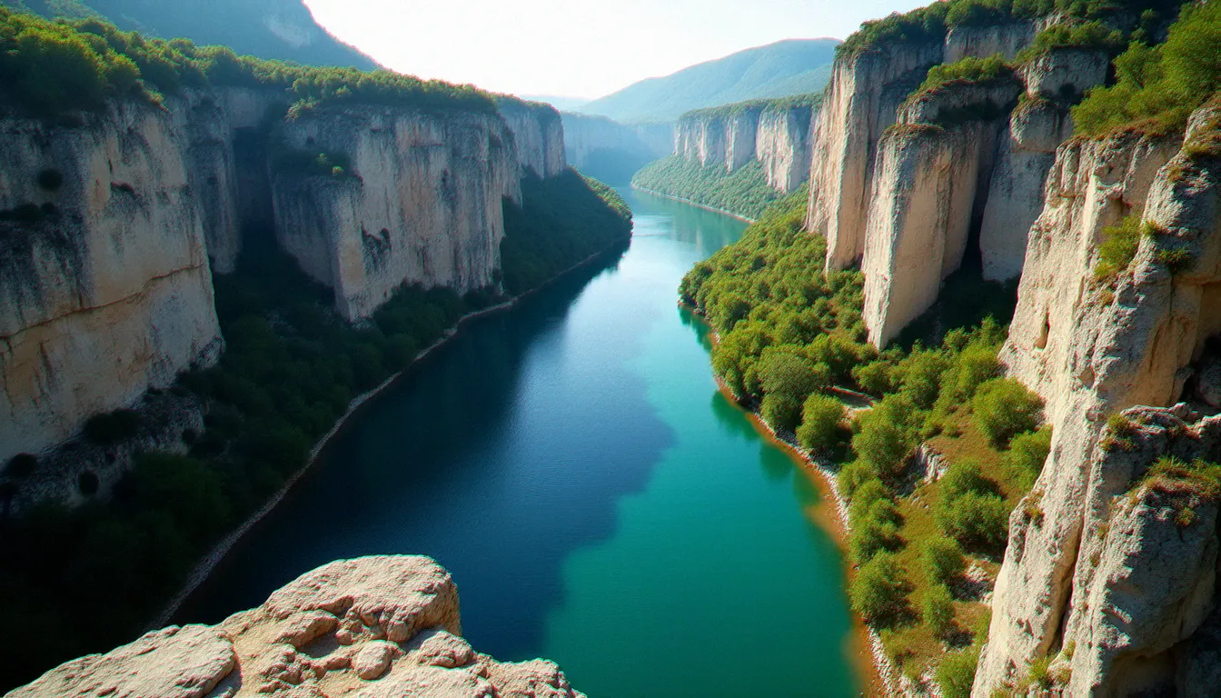 Vue plongeante sur les gorges du Verdon, paysage iconique de France avec la rivière turquoise encaissée entre des falaises calcaires sous une lumière d'après-midi