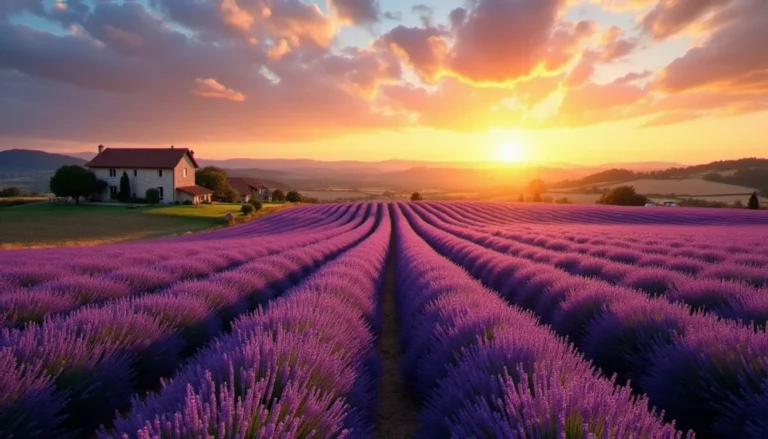Photo France paysage de Provence au coucher du soleil — rangées de lavande violette s'étendant vers une bergerie en pierre sous un ciel dramatique doré