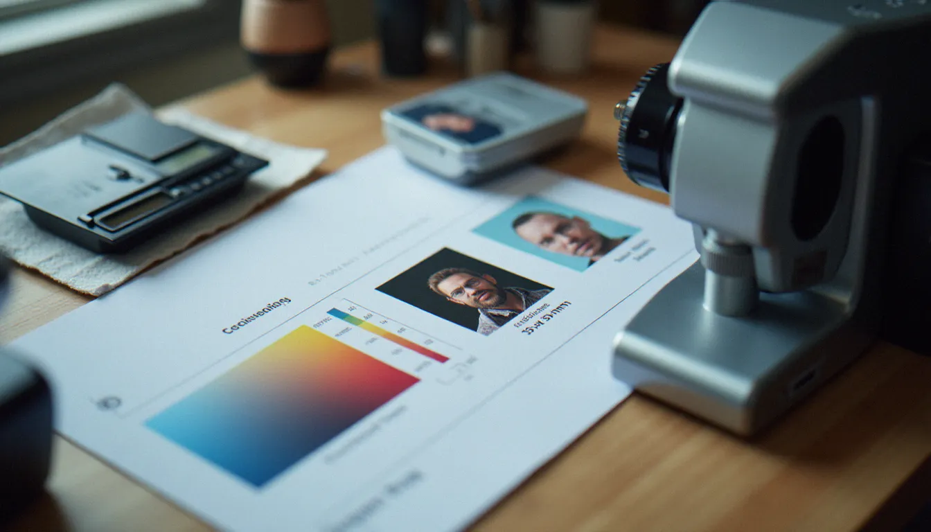 Table de studio photographique avec des tirages de photos d'identité 35x45mm et une charte colorimétrique pour vérifier la conformité des photos visa France