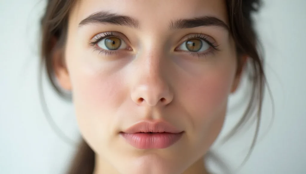 Portrait de face d'une femme aux yeux ouverts sur fond blanc uniforme pour une photo france visa conforme aux normes biométriques