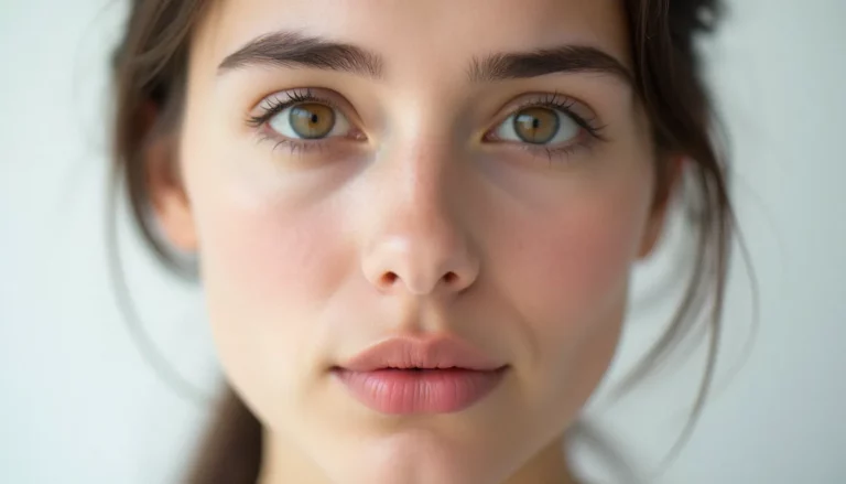 Portrait de face d'une femme aux yeux ouverts sur fond blanc uniforme pour une photo france visa conforme aux normes biométriques