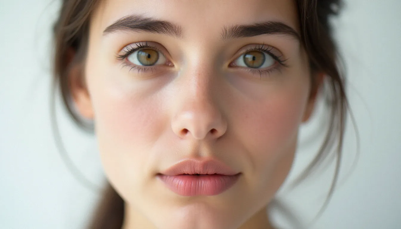 Portrait de face d'une femme aux yeux ouverts sur fond blanc uniforme pour une photo france visa conforme aux normes biométriques