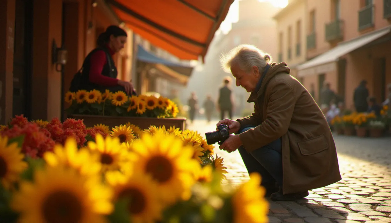 Photographe documentaire en action sur un marché toulousain au lever du soleil, capturant un portrait en lumière naturelle selon l'approche documentaire des lauréats MOF