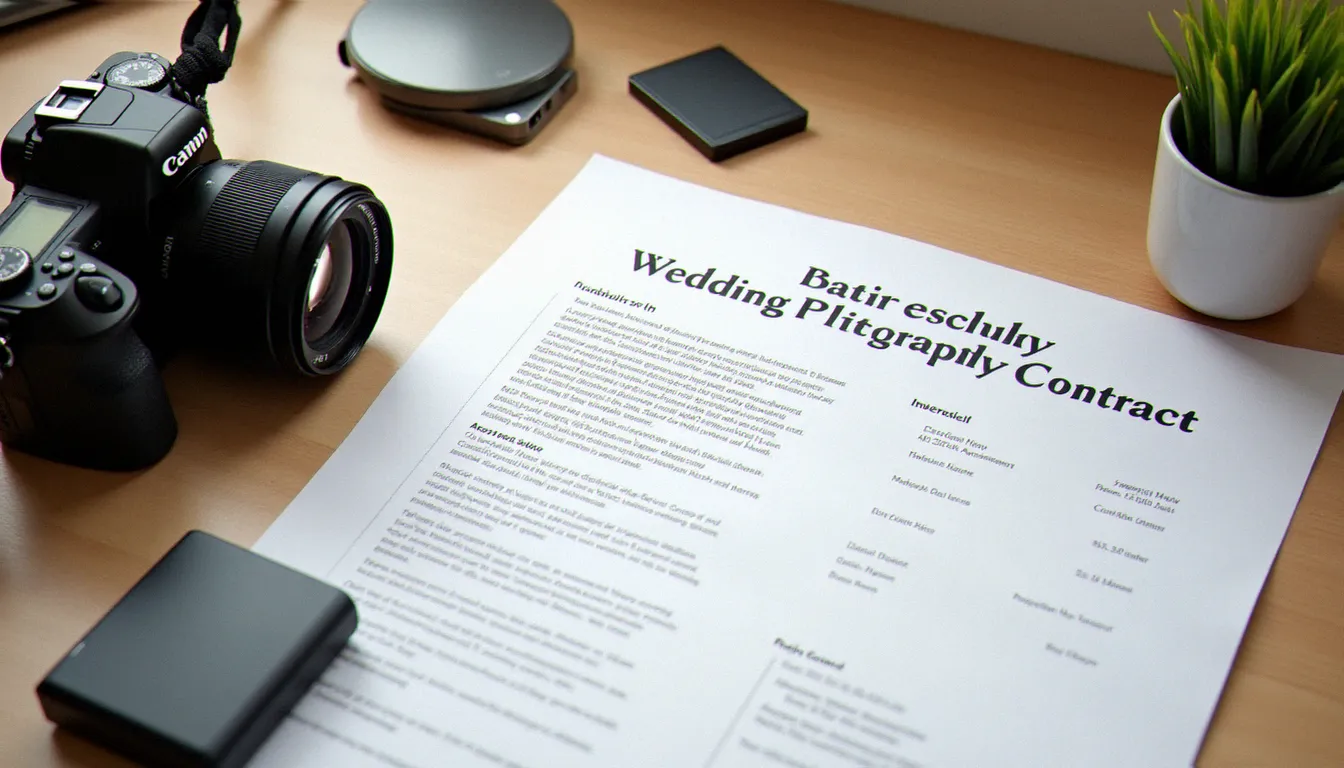 Matériel professionnel et contrat de photographe de mariage sur un bureau en bois, illustrant les coûts réels d'une prestation photo mariage