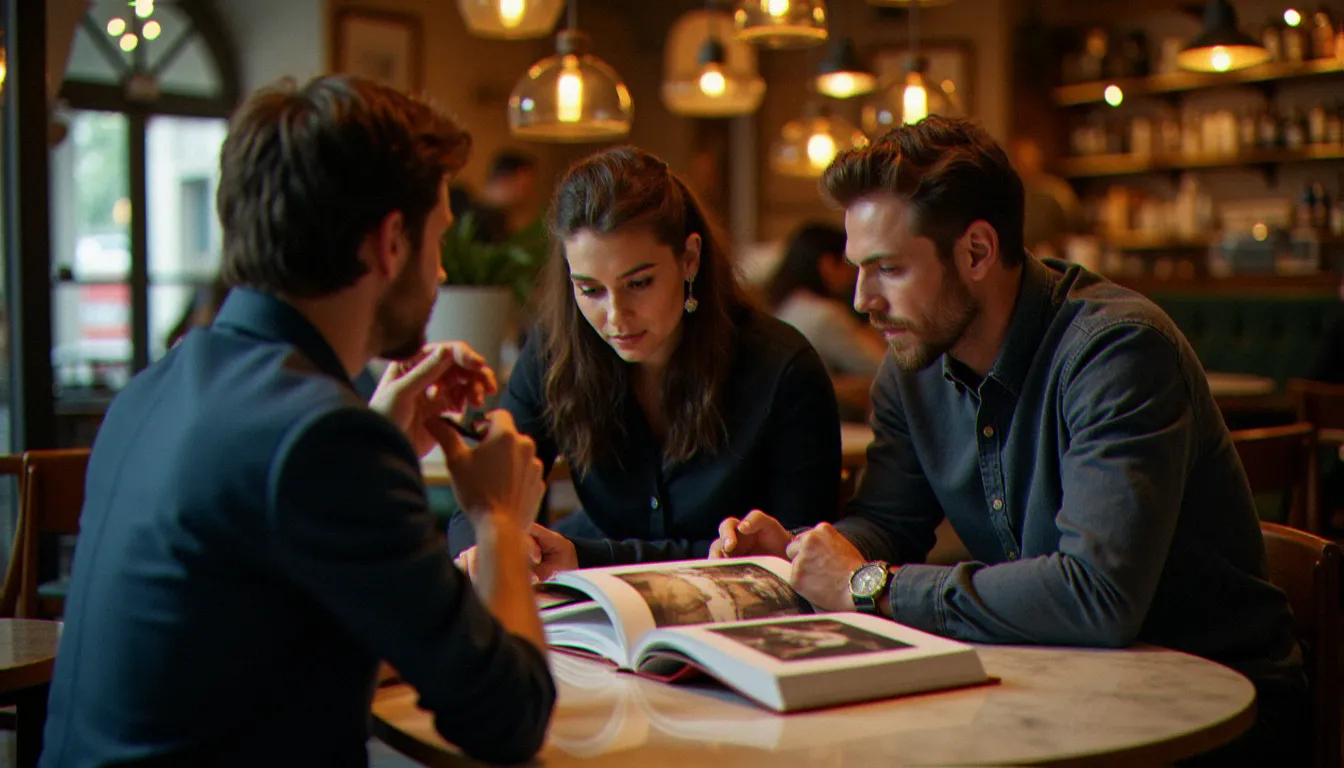 Un couple en consultation avec leur photographe de mariage dans un café toulousain, en train de choisir leur formule et discuter du photographe prix mariage