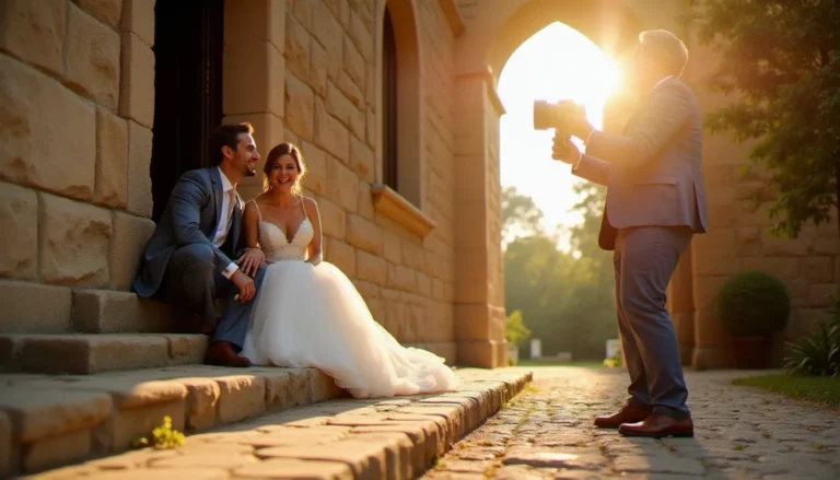 Photographe de mariage au travail capturant un moment spontané d'un couple lors d'un photographe prix mariage dans le sud de la France