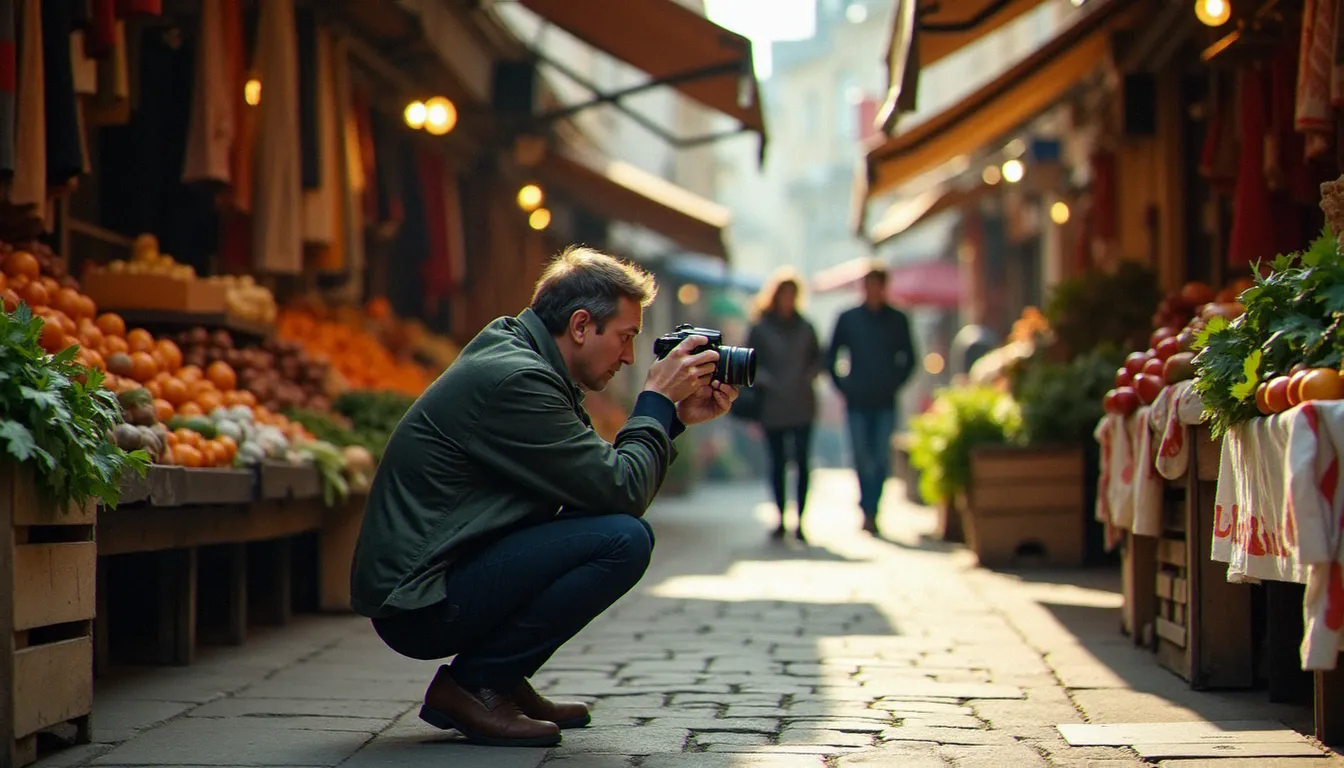 Photographe en situation de prise de vue rue du marché, illustration de la photographie ainsi pratiquée dans l'espace public