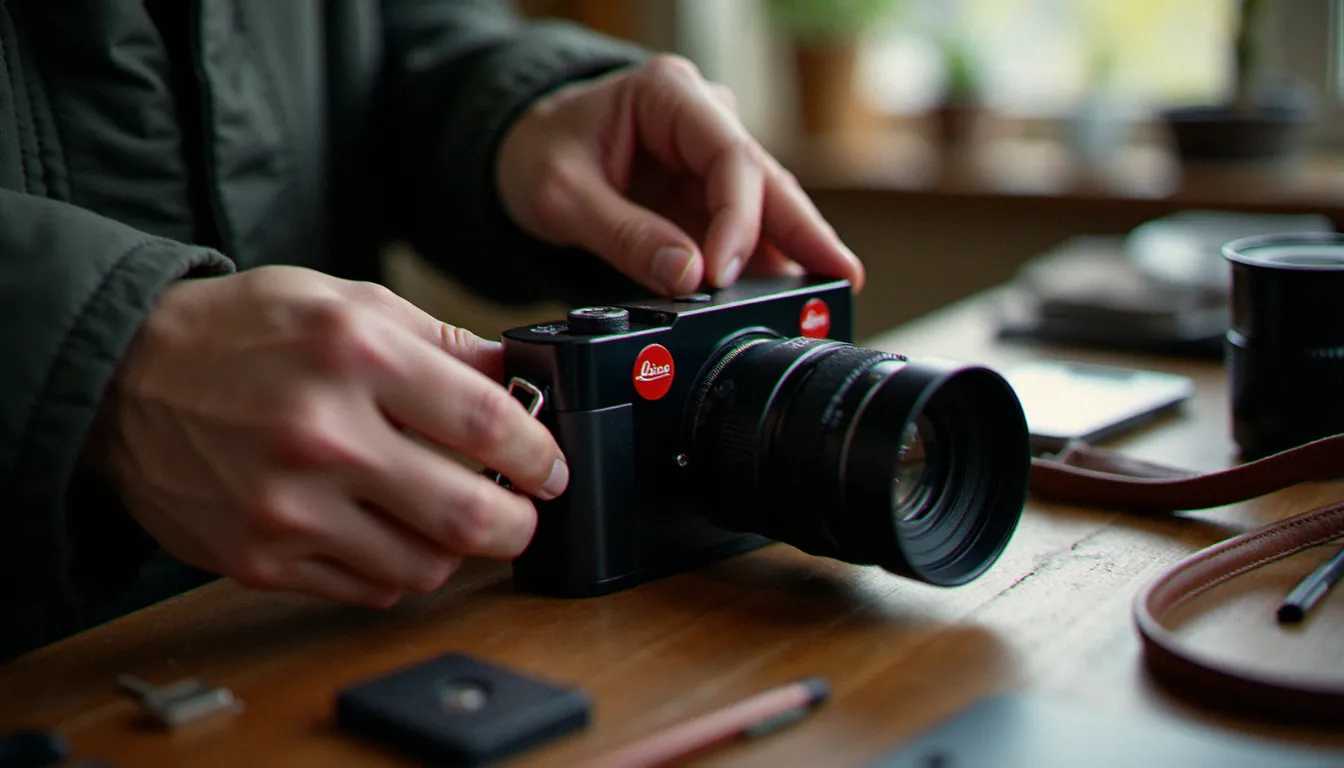 Gros plan sur les mains d'un photographe réglant son appareil Leica, illustration de la maîtrise technique au service d'une vision documentaire