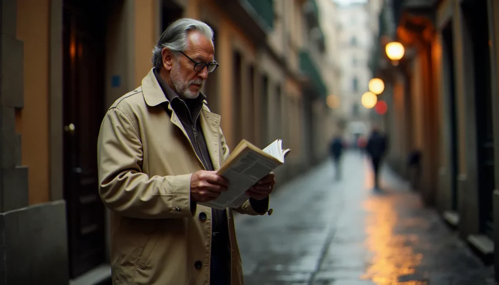 photographie ainsi featured Homme lisant un journal sous la pluie dans une rue pavée de Toulouse, photographie ainsi documentaire en lumière naturelle