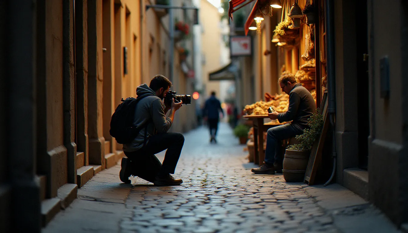 Photographe en position basse dans une ruelle en pierre photographiant un artisan dans l'encadrement de sa boutique, lumière naturelle latérale soulignant les volumes et la texture