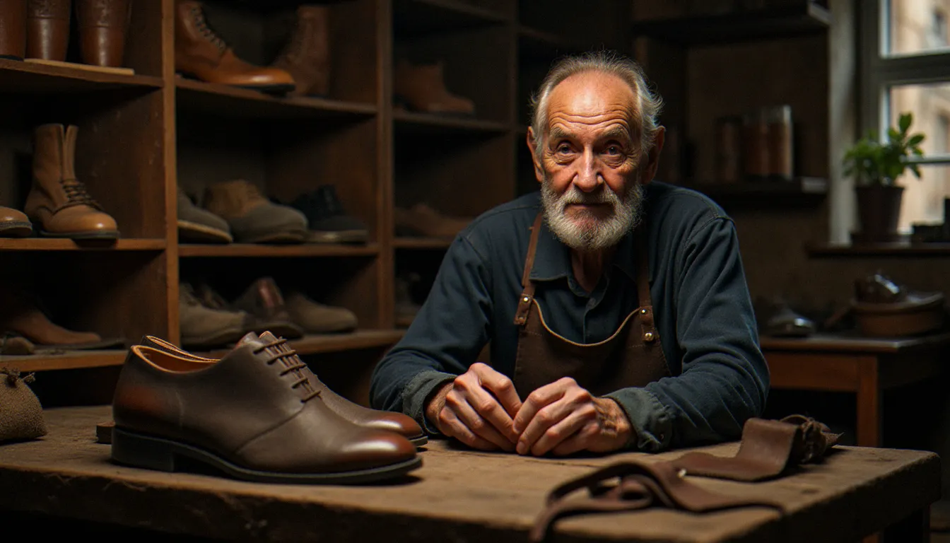 Portrait documentaire d'un cordonnier âgé dans son atelier encombré d'outils et de formes à chaussures, les mains posées sur son travail, lumière d'atelier révélant les textures et l'histoire du lieu