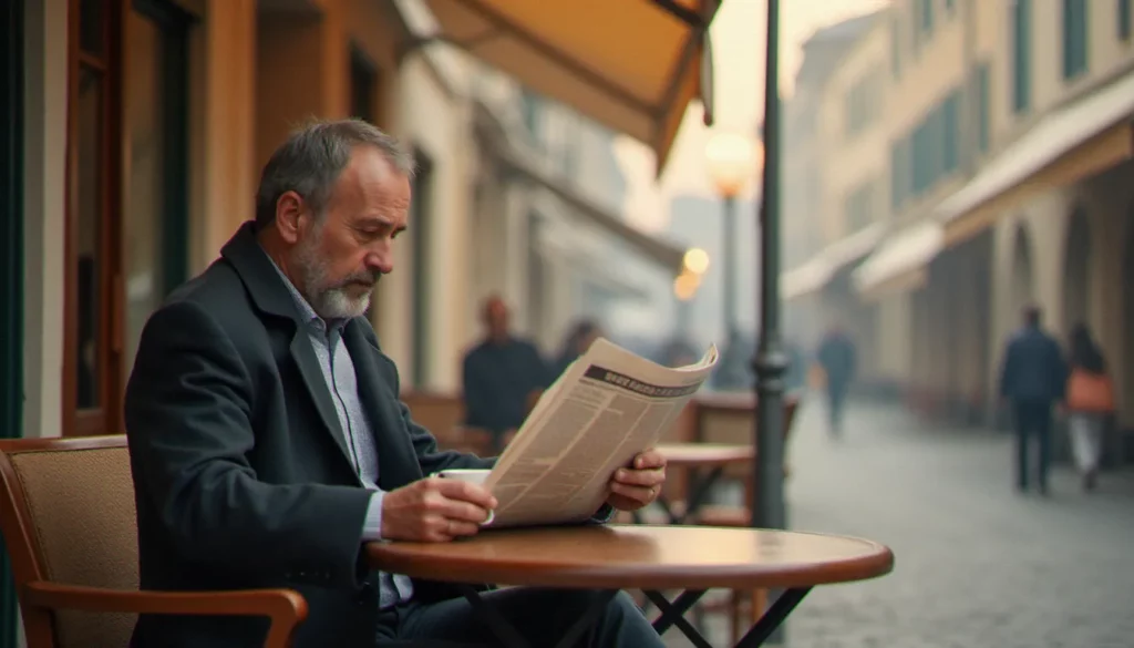 Homme lisant son journal en terrasse de café sur une place toulousaine à l'aube, illustrant la photographie documentaire ainsi que la capture de moments authentiques