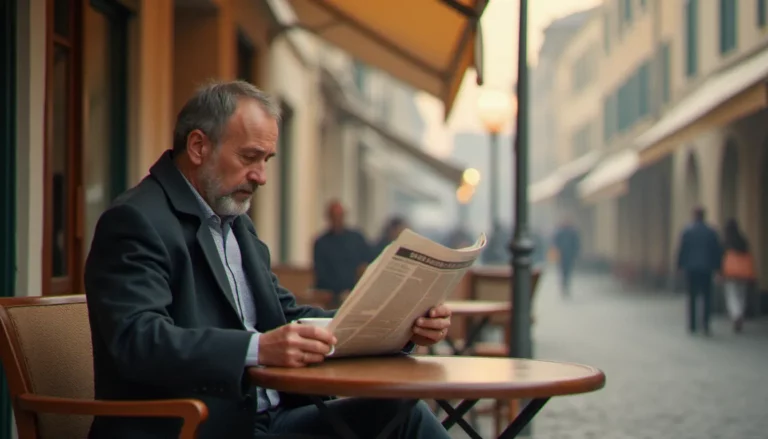 Homme lisant son journal en terrasse de café sur une place toulousaine à l'aube, illustrant la photographie documentaire ainsi que la capture de moments authentiques