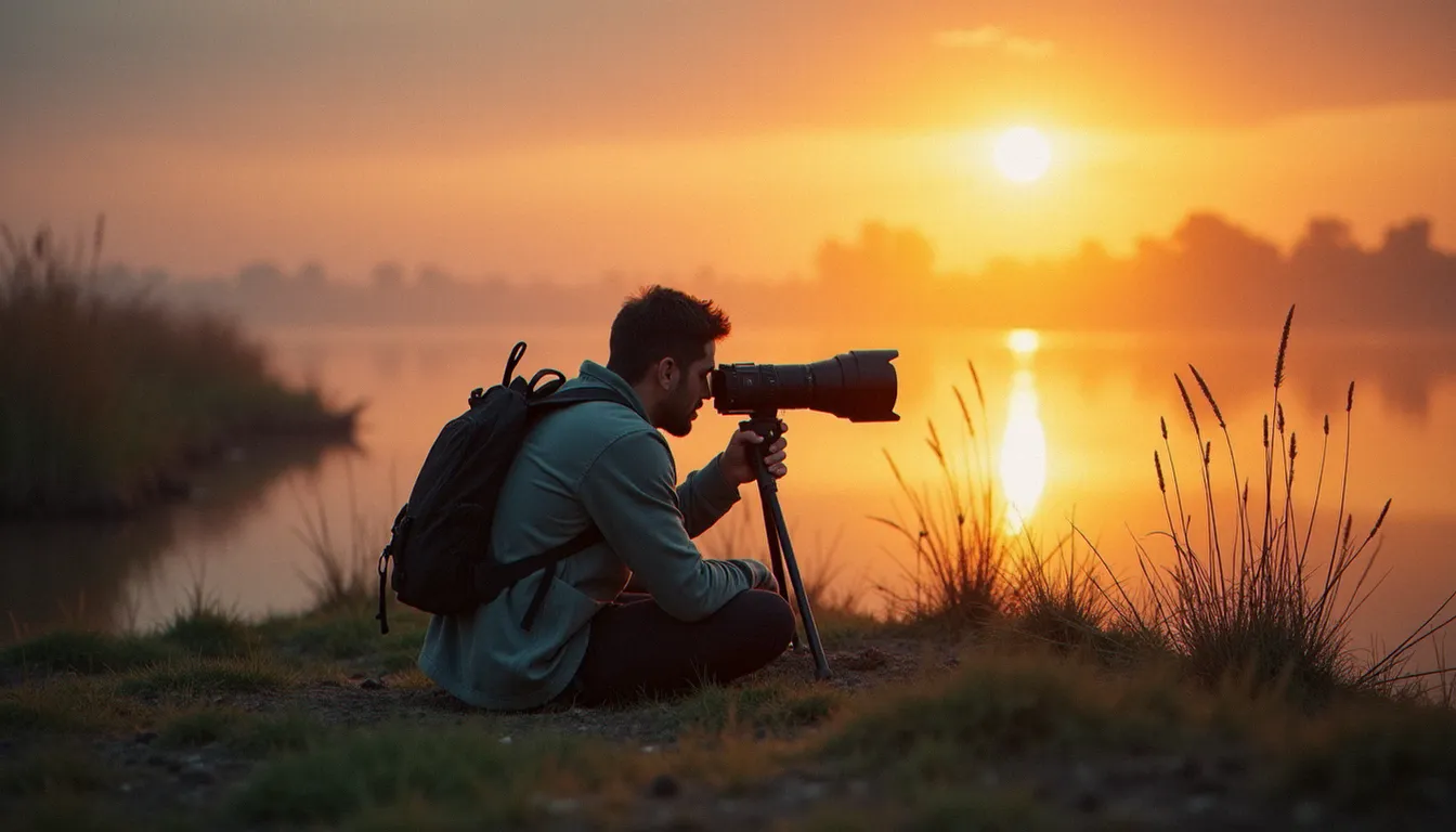 Photographe animalier en position allongée au bord d'un marais à l'aube, téléobjectif sur monopode, lumière rasante dorée et brume sur l'eau