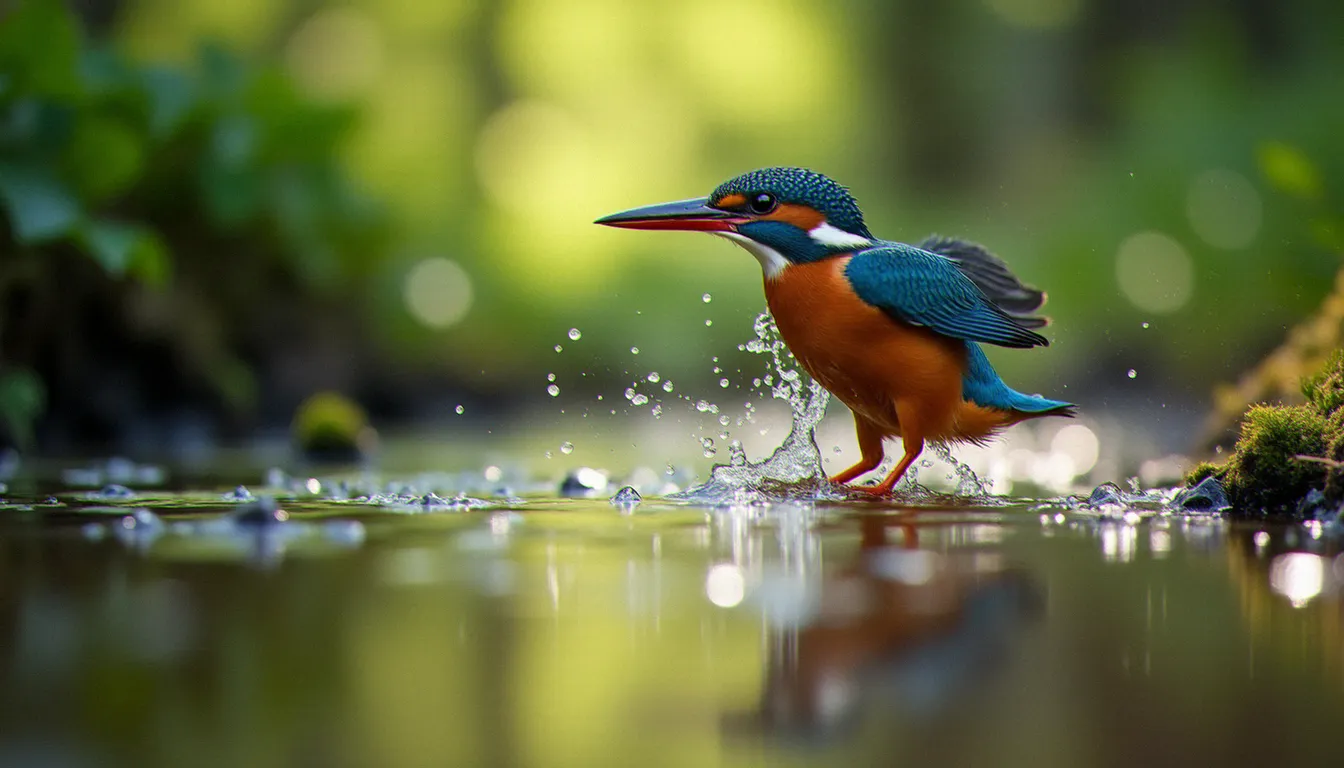 Martin-pêcheur en plein plongeon au-dessus d'un ruisseau, gouttelettes d'eau figées en vol, plumage bleu et orange net sur fond de lumière filtrée en forêt