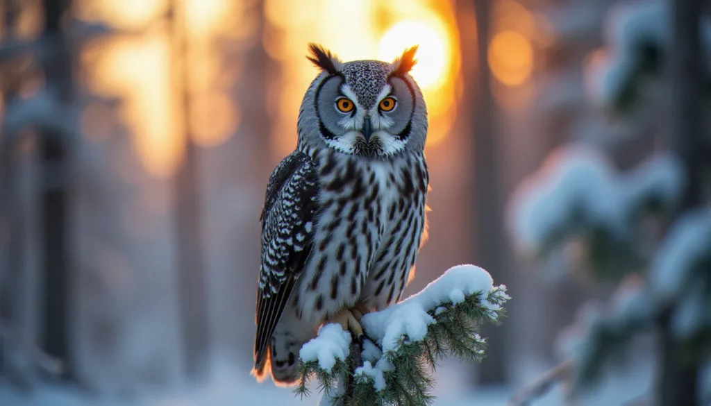 photographie animaliere featured Photographie animalière d'une chouette lapone perchée sur une branche enneigée, œil net en lumière dorée, arrière-plan flou de forêt hivernale