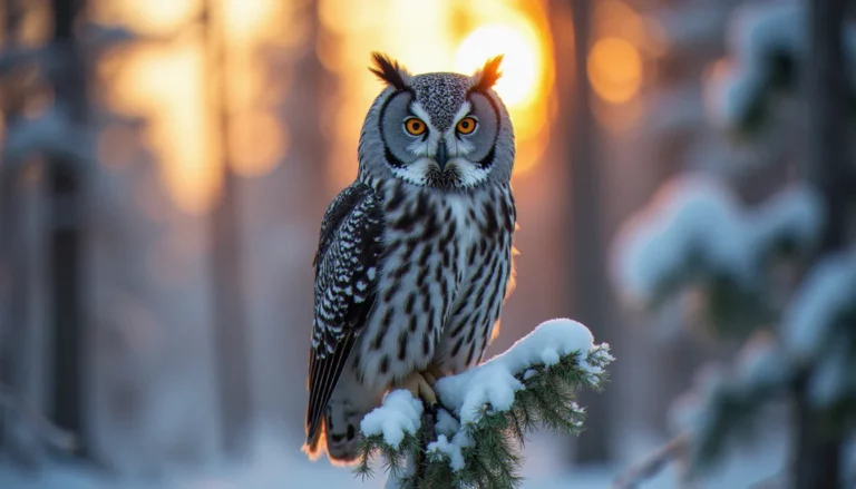 Photographie animalière d'une chouette lapone perchée sur une branche enneigée, œil net en lumière dorée, arrière-plan flou de forêt hivernale