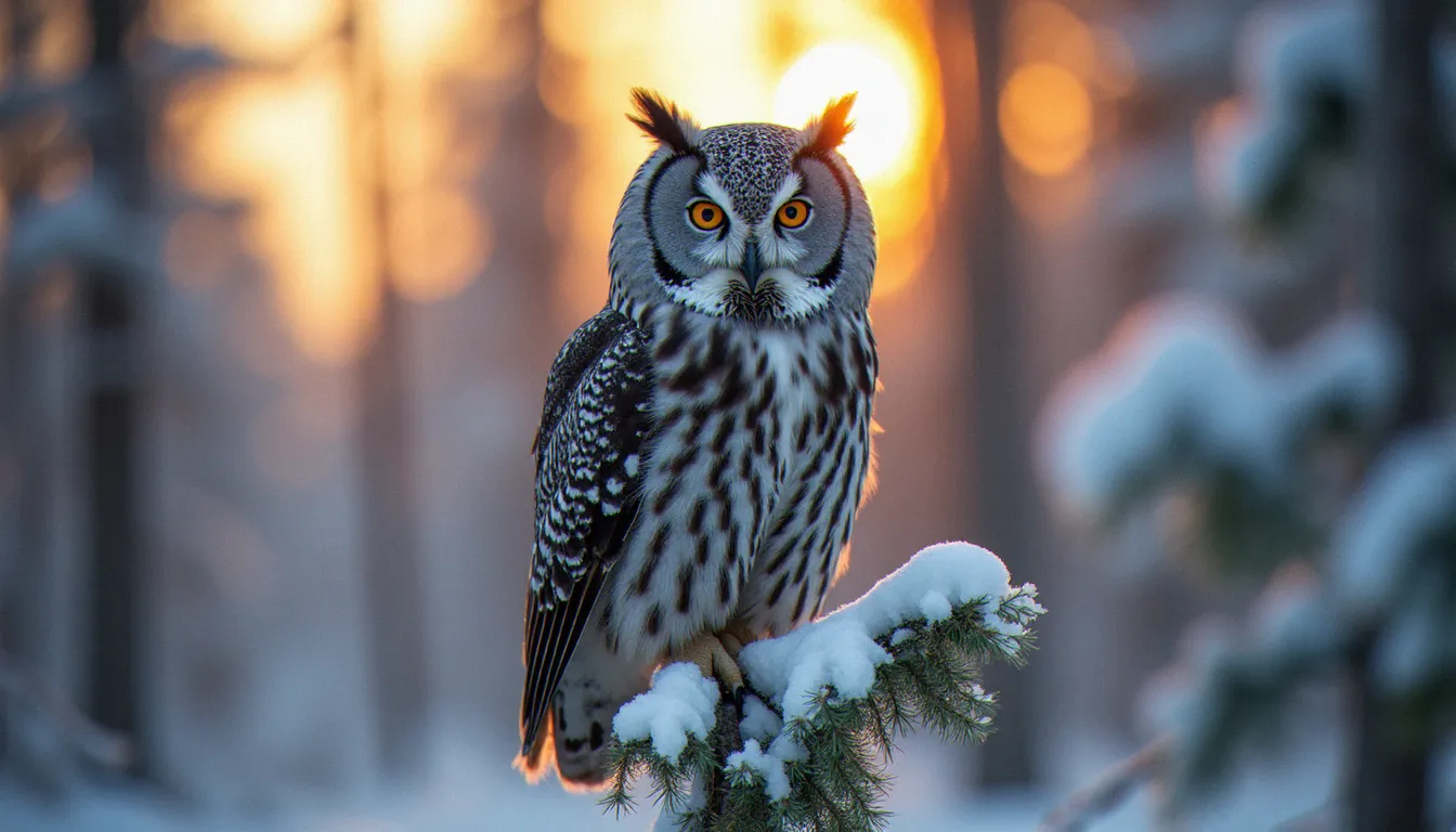 Photographie animalière d'une chouette lapone perchée sur une branche enneigée, œil net en lumière dorée, arrière-plan flou de forêt hivernale