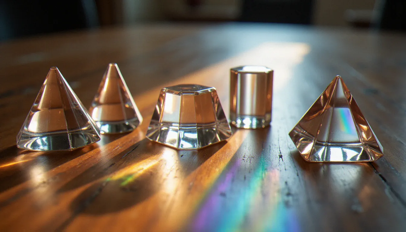 Collection de cinq prismes optiques en verre de formes variées disposés sur une table en bois, avec la lumière naturelle qui les traverse pour illustrer les différents effets possibles en photographie avec prisme