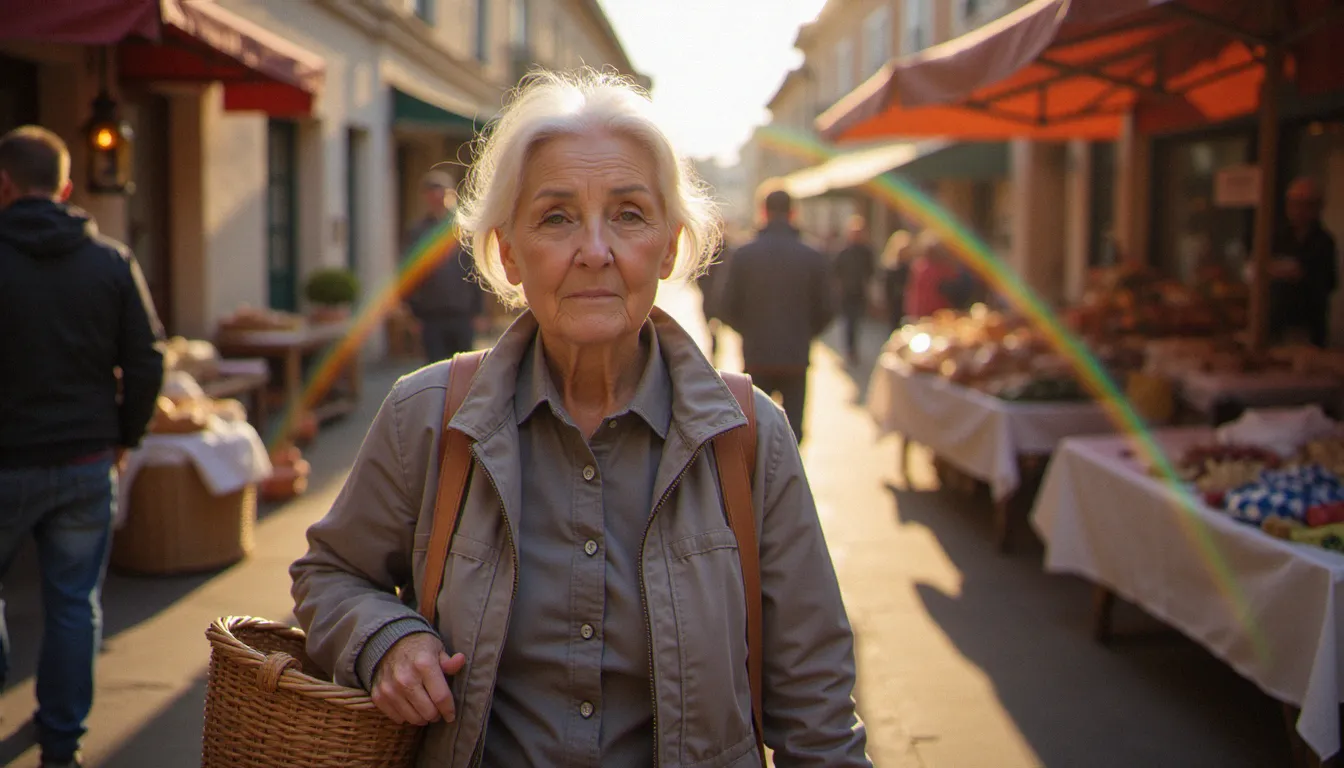 Portrait documentaire d'une femme âgée au marché en plein air, avec un effet de photographie avec prisme créant un arc chromatique coloré qui traverse le bord du cadre, lumière dorée du matin